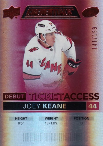 insert RC karta JOEY KEANE 21-22 Credentials Debut Ticket Access Red /199